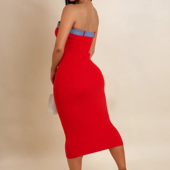 Red Strapless Bodycon Dress With Denim Belt - Picture 4 of 5